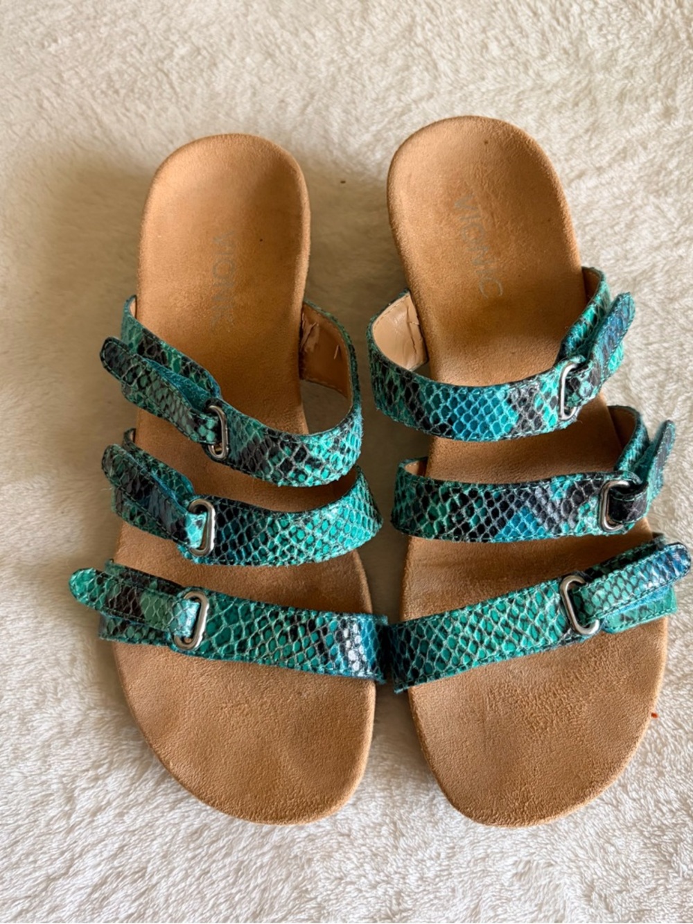 Vionic Teal Snake-Print Strappy Slide Sandals - Picture 3 of 7
